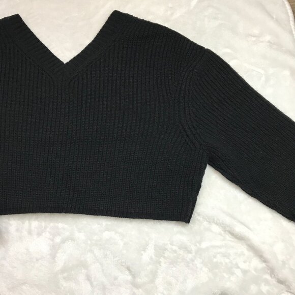 Zara Black V-Neck Cropped Cardigan Sweater Women's Large Ribbed Wool Blend NEW - Picture 6 of 10
